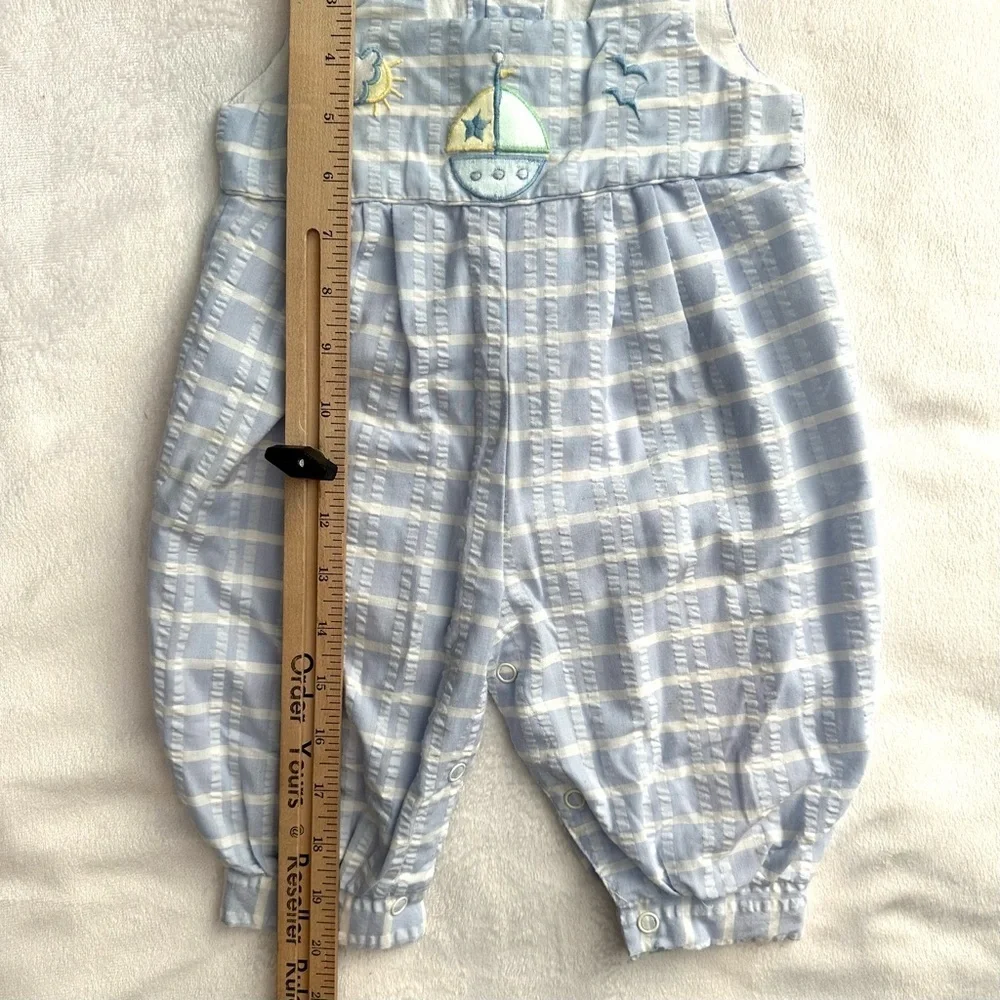 Vintage Overalls Romper Blue & White Plaid Baby Boy 3/6M Sailboat Boat Sun Scene